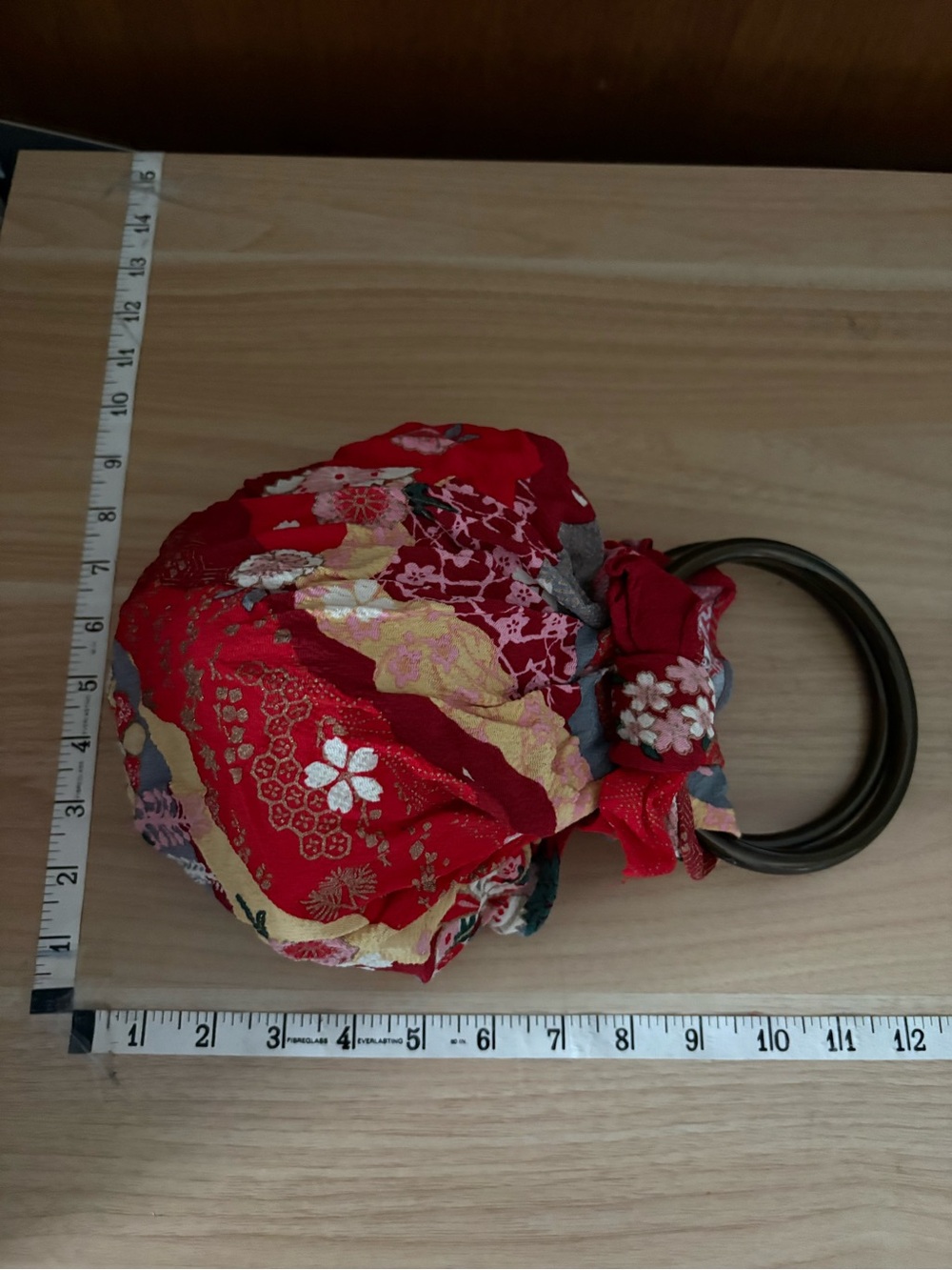 Red Small FUROSHIKI Bag with Brown Plastic Rings from Japan - Picture 5 of 9
